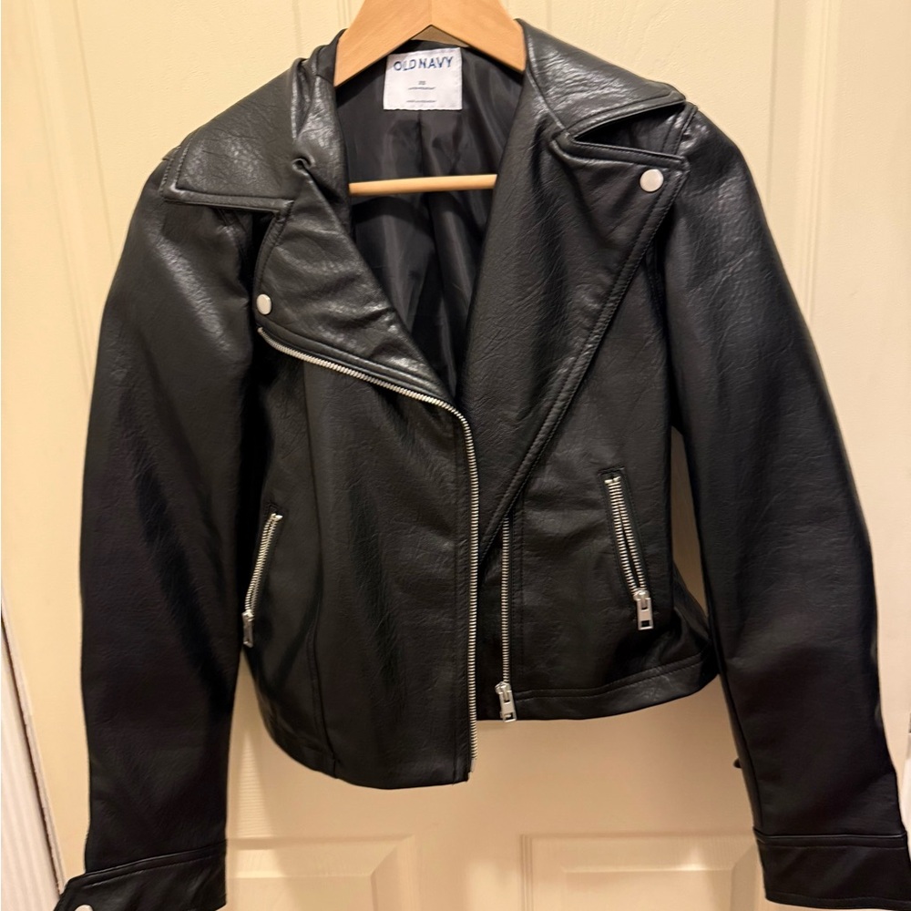 Old Navy Black Faux Leather Moto Jacket with Silver Hardware